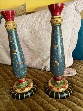 Palecek Carol Endres Blue and Red Hand-Painted Wooden Candlestick Pair